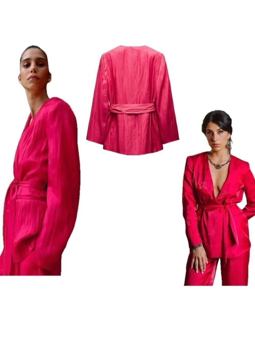 ZARA Women's Blazer double breasted Wrinkled Belted fuchsia Hot Pink NWOT Sz L